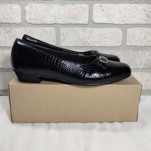 Clarks Caswell Genoa Black Croc Embossed Patent Leather Heeled Flats Size 10